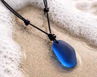 Blue Cultured Sea Glass Leather Choker Necklace, Coastal Beach Jewelry, Adjustable Cord
