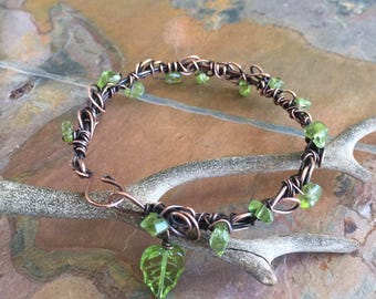 Wire Wrapped Copper Peridot Bracelet: Adjustable August Birthstone Bangle
