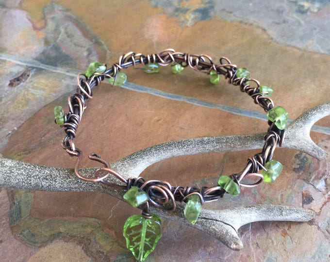 Wire Wrapped Antiqued Copper Bracelet ,Adjustable bracelet,Peridot Bangle/Cuff Leaf Wrap bracelet,, August Birthstone Bracelet