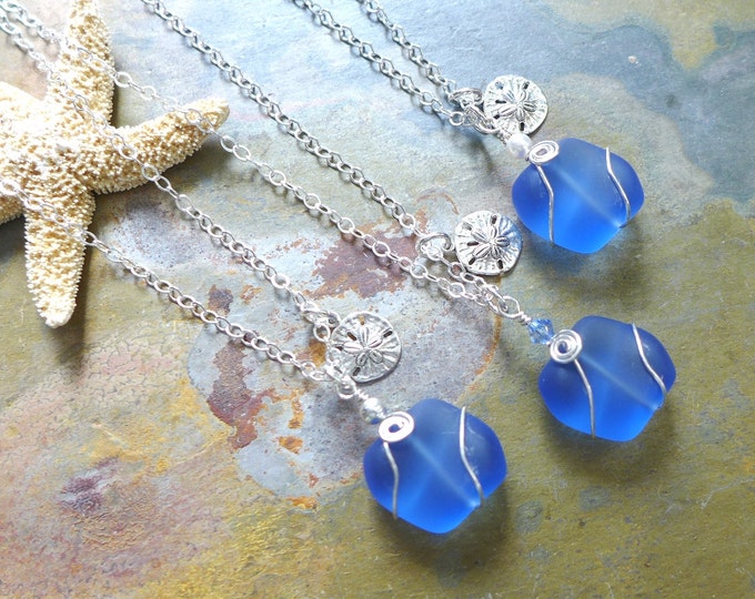Beach Glass Necklace, Sky Blue Sea Glass Sand Dollar Necklace. Sea themed Charm Necklace, Beach Weddings, Bridesmaid Necklace/jewelry