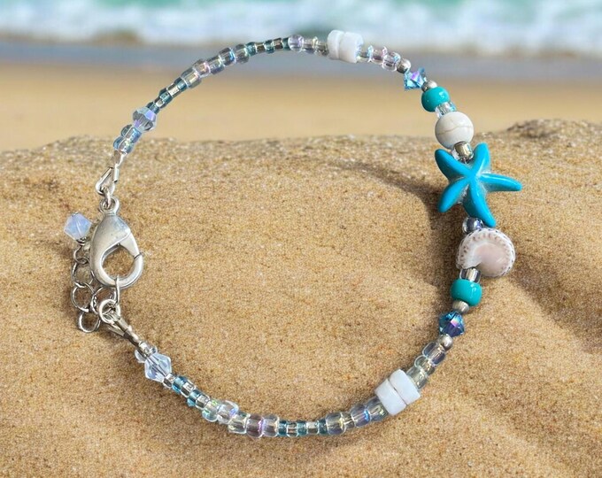 Starfish Charm Bracelet, Beach theme Bracelets, Starfish Charm beaded Bracelet, Summer Beach Jewelry, Beach Boho Bracelet
