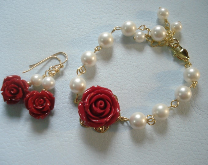 Red Flower Bracelet, Valentine Flower Bracelet, Red Rose Flower Bracelet, Red Earrings, Red Rose Earrings, Bridesmaid Bracelet,