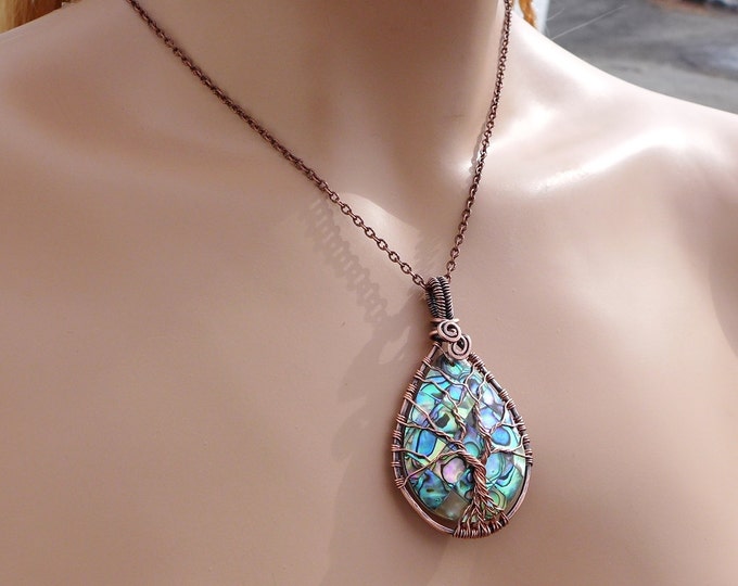 READY SHIP in 1 to 2 days, Antiqued Copper Wire Wrapped Abalone Pendant,Abalone Tree of Life  Necklace, Abalone Shell necklace,
