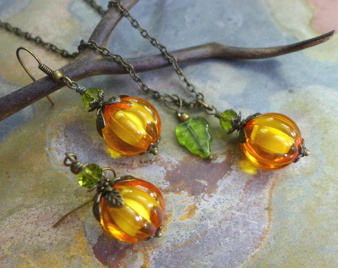 Pumpkin Necklace and Earrings, Orange Pumpkin Necklace and Earrings-Halloween Necklace and Earrings, Fall/Autumn Harvest Pumpkin Jewelry,