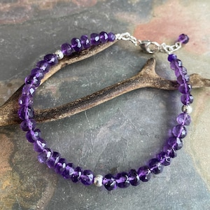 Sterling Silver Amethyst Bracelet: Faceted Rondelle Gemstone Jewelry