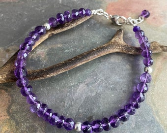 Sterling Silver Amethyst Bracelet: Faceted Rondelle Gemstone Jewelry