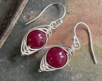 Sterling Silver Ruby Earrings, Wire Wrapped Genuine Ruby Earrings, July Birthstone Ruby Earrings, Ruby Jewelry, Red Earrings, Gift for Her