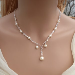 Sterling silver Bridal Pearl And Crystal Necklace,Bridesmaid Necklace, Bridal Jewelry, Pearl Crystal Necklace, Wired Pearl Crystal Necklace,