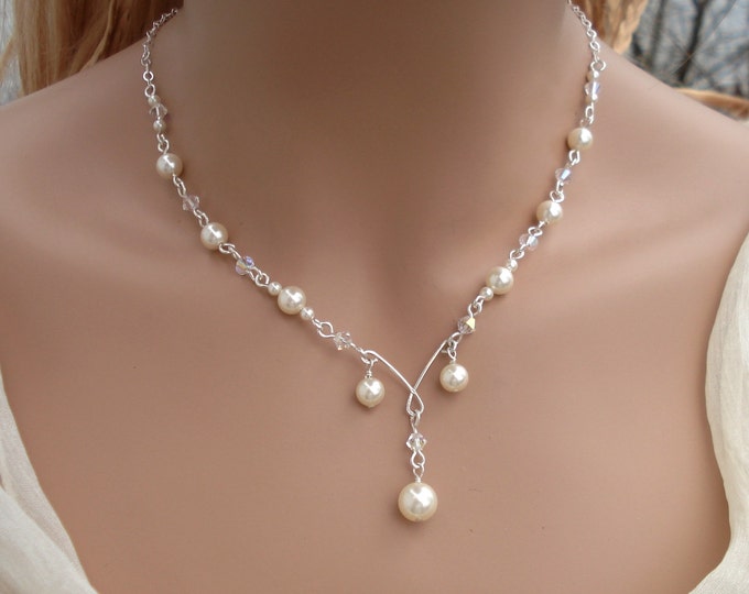 Sterling silver Bridal Pearl And Crystal Necklace,Bridesmaid Necklace, Bridal Jewelry, Pearl Crystal Necklace, Wired Pearl Crystal Necklace,