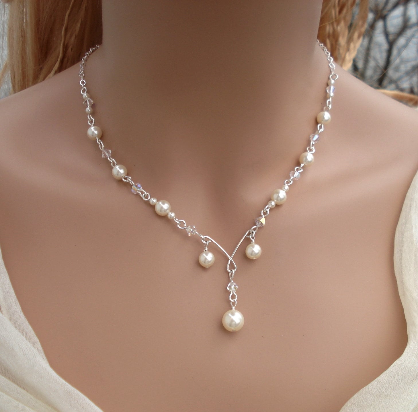 Sterling Silver Bridal Pearl And Crystal Necklace Bridesmaid Necklace Bridal Jewelry Pearl