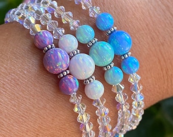 Opal Beaded Bracelet,October Birthstone Bracelet,White,Blue Aqua Blue, Lavender Opal Swarovski Crystal bracelet Bridal Opal Crystal Bracelet