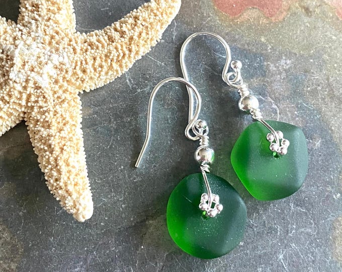 Green Beach Glass Jewelry, Shamrock Green Sea Glass  Necklace and Earrings in Sterling Silver, Sea Glass Necklace,  Sea Glass Jewelry SET,