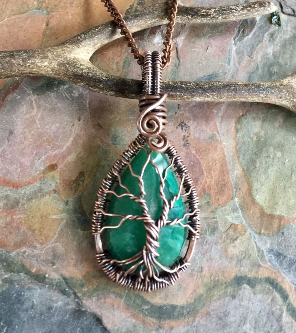 Wire Wrapped Emerald Necklace in Antiqued Copper,Genuine Emerald