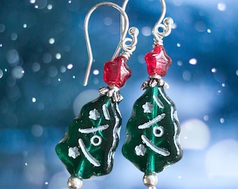 Christmas Tree Earrings, Holiday Accessory Festive Jewelry, Hunter Green Tree Sterling Silver Dangle