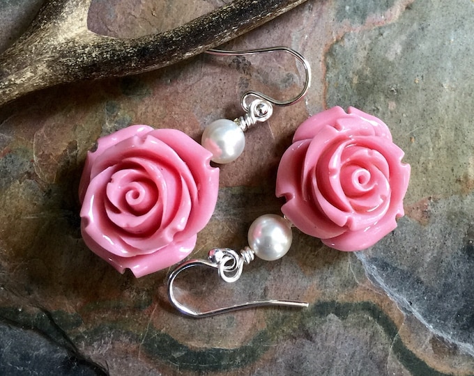 Flower Earrings in Sterling Silver Earwires,Pink Rose Flower Pearl drop Earrings, Bridesmaid/Bridal Pink Flower Earrings, Botanical Earrings