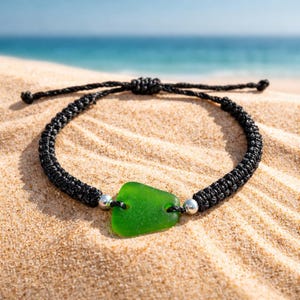 Natural Green Beach Glass Macrame Bracelet, Beaded Coastal Jewelry, Ocean Jewelry,
