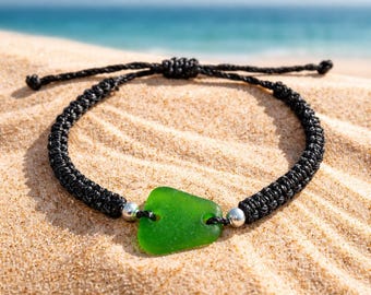 Natural Green Beach Glass Macrame Bracelet, Beaded Coastal Jewelry, Ocean Jewelry,