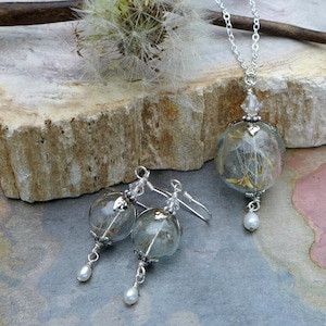 Real Dandelion Seed Necklace: Sterling Silver, Pearl Wish Jewelry