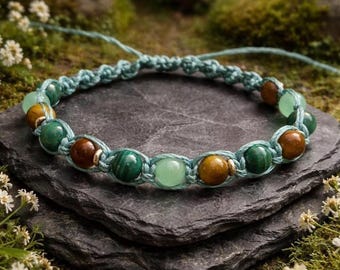 Malachite Tiger's Eye Adjustable Jewelry, Jade Gemstone Bracelet, Yoga Macrame Accessories, Healing Stones
