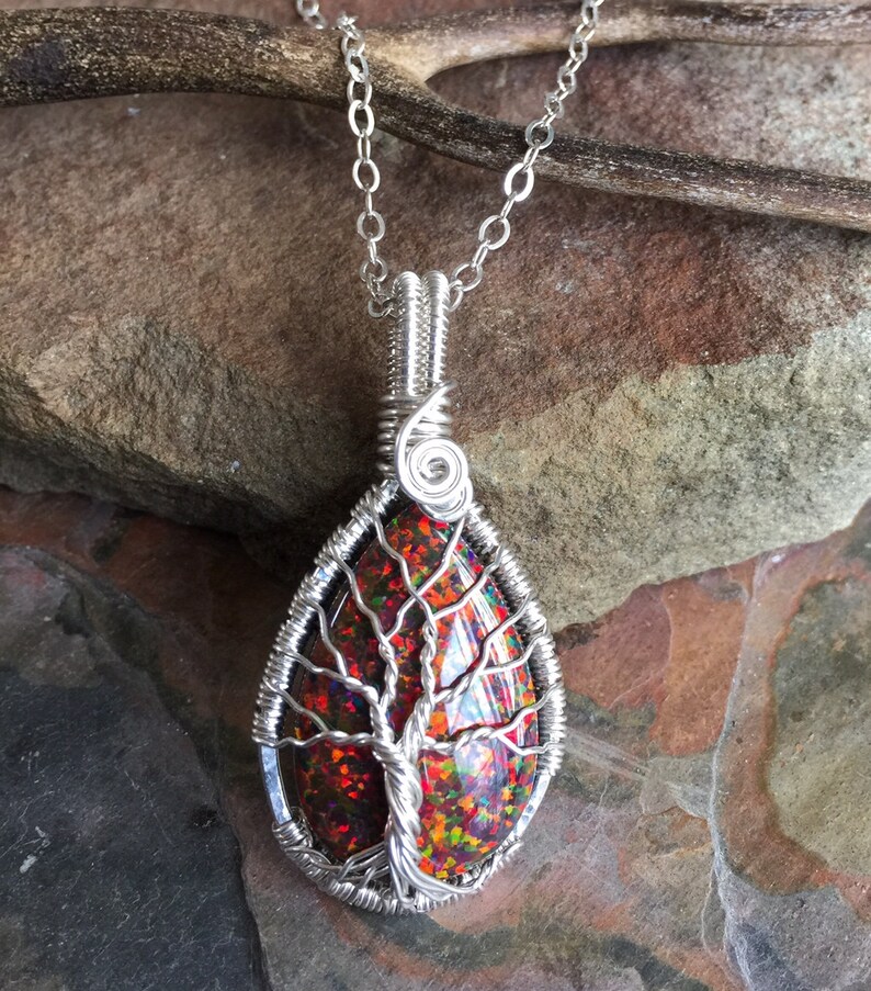 Red Opal Necklace,Opal Silver Pendant October Birthstone,Opal Tree of Life Necklace in Fine Silver Opal Gift for her,Opal Opal Necklace