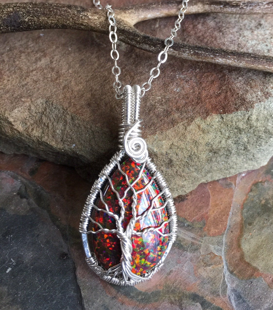 Red Opal Necklace,Opal Silver Pendant October Birthstone,Opal Tree of Life Necklace in Fine Silver Opal Gift for her,Opal Opal Necklace