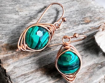 Malachite Dangle Earrings in Copper, Wire Wrapped Green Gemstone Jewelry