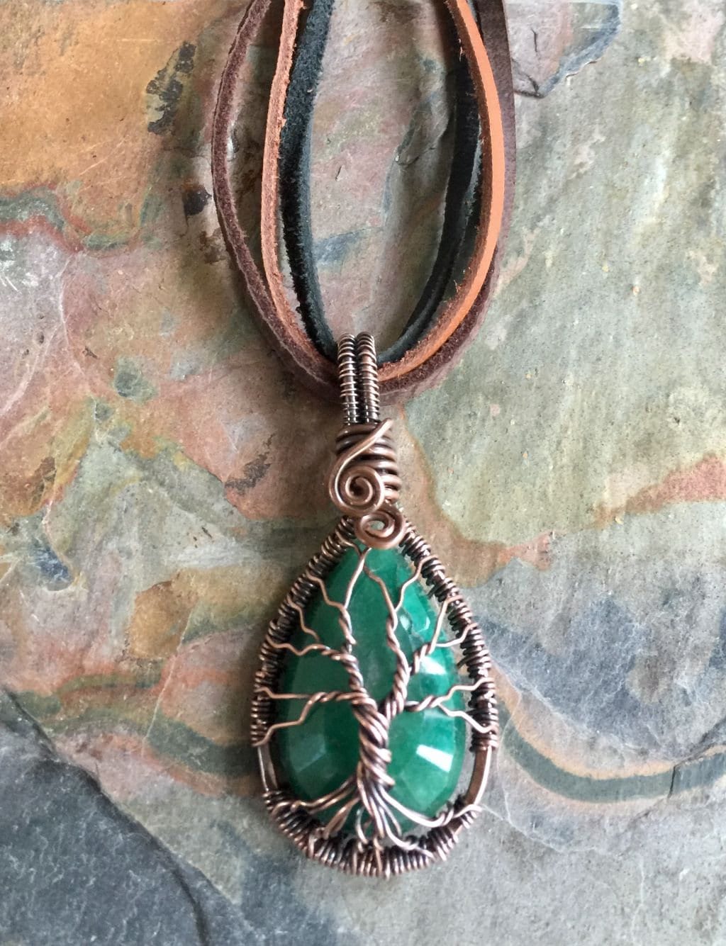 Wire Wrapped Emerald Necklace in Antiqued Copper,Genuine Emerald
