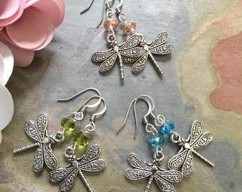 Dragonfly Earrings with Crystals, Dragonfly and Crystal Silver Earrings,Dragonfly Dangle drop Earrings, Insect Jewelry,Woodland Earrings