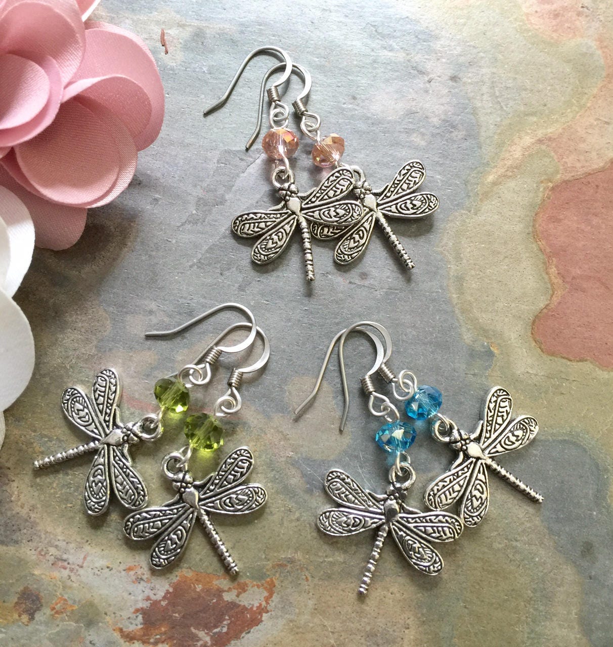 Pink Dragonfly Dangle Earrings with Crystals Pink Dragonfly Dangle Earrings with Crystals