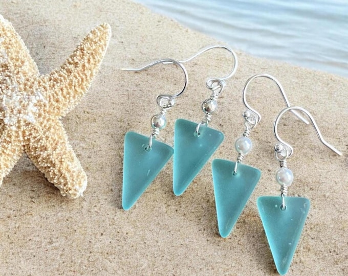 Seafoam Sea glass Triangle designed Earring in Sterling Silver, Wire Wrapped Sea Glass Earrings, Everyday Casual Dangling  Earrings,