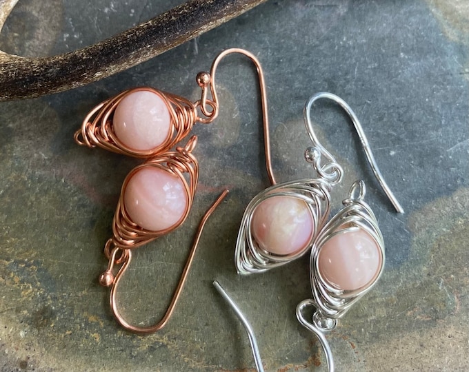 Pink Peruvian Opal Earrings in Sterling Silver/Copper wires, Wire Wrapped Pink Opal Dangling Earrings, Opal Earrings for October Birthday