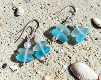 Sterling Silver Aqua Blue Sea Glass Dangle Earrings, Beach Ocean Jewelry