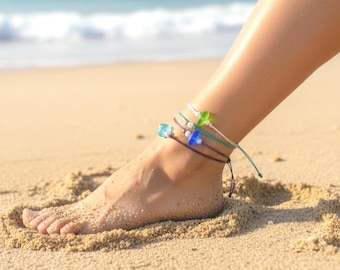 Adjustable Sea Glass Anklet Bracelet, Coastal Beach Jewelry, Swarovski Pearl Accent