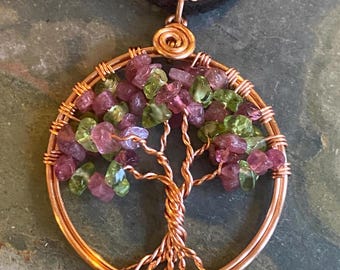 October Birthstone Pink Tourmaline /Peridot Tree of Life Copper Necklace,Wire Wrapped tourmaline Tree of life,October Birthstone