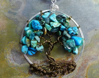 Turquoise Tree of Life Pendant: Wire Wrapped Sterling Silver Necklace