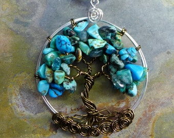 Tree of Life Turquoise Pendant --Turquoise Tree of Life Gemstone Necklace - Wire wrapped  Turquoise birthstone Necklace, December Birthstone