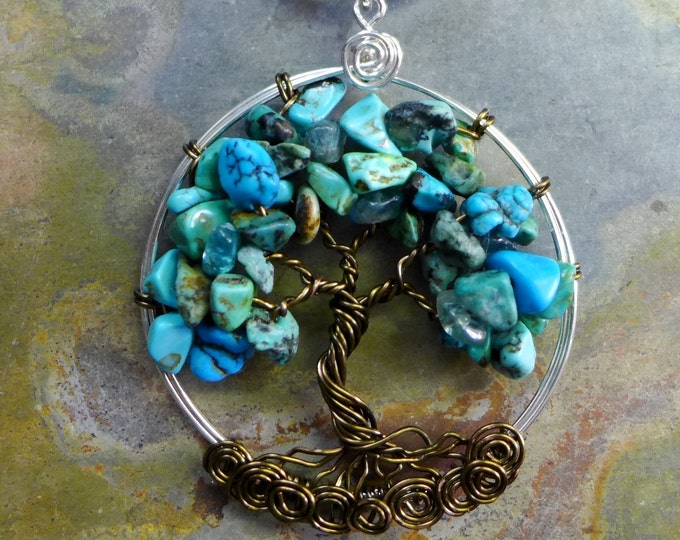 Tree of Life Turquoise Pendant --Turquoise Tree of Life Gemstone Necklace - Wire wrapped  Turquoise birthstone Necklace, December Birthstone