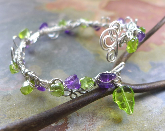 Wire Wrapped Peridot/Amethyst Bracelet,Adjustable /Amethyst Silver bracelet,August Birthstone Bracelet,Silver Bangle/Cuff Wrap bracelet,