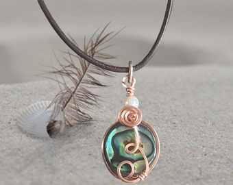 Rainbow Abalone Necklace, Wire Wrapped Abalone Necklace  Natural Copper wire, Abalone Paua Shell Pendant,Necklace for Women,Summer Necklace