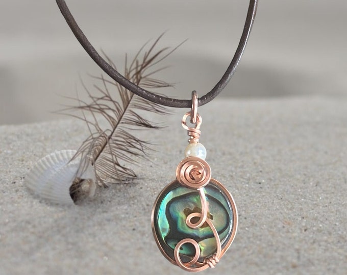 Rainbow Abalone Necklace, Wire Wrapped Abalone Necklace  Natural Copper wire, Abalone Paua Shell Pendant,Necklace for Women,Summer Necklace