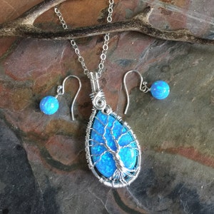 Blue Opal Necklace sterling silver,Wire Wrapped Synthetic Blue Opal Tree of Life Necklace,October Birthstone,Opal Jewelry,Blue Opal Earrings image 6