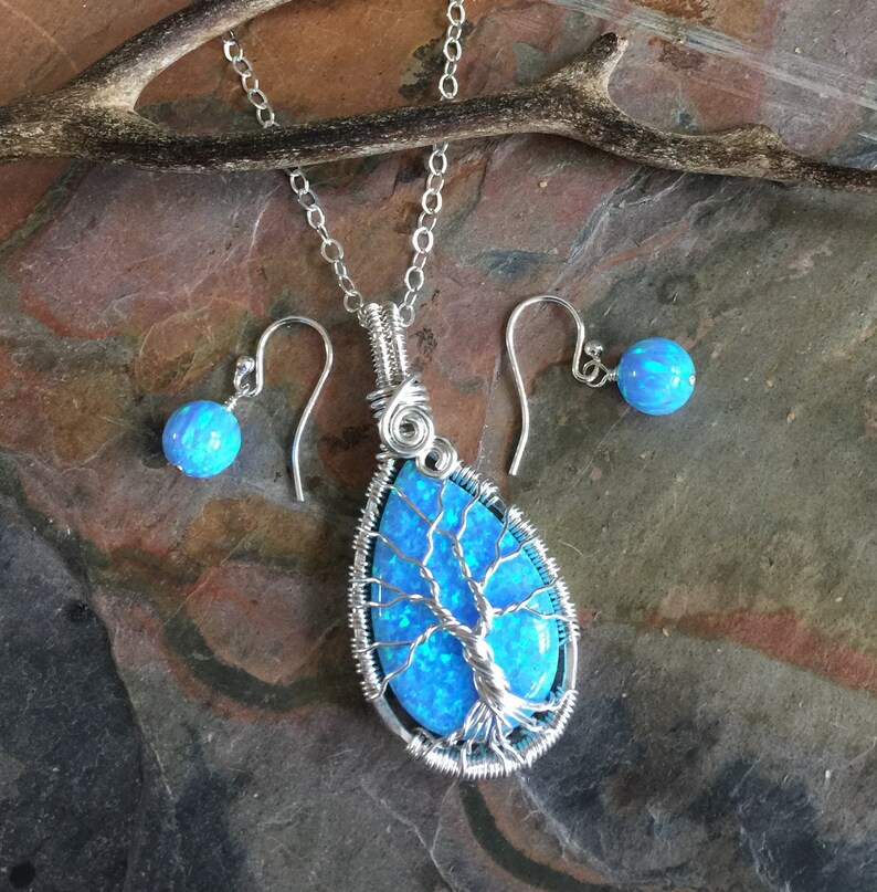 Blue Opal Necklace sterling silver,Wire Wrapped Synthetic Blue Opal Tree of Life Necklace,October Birthstone,Opal Jewelry,Blue Opal Earrings image 6