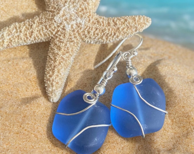 Sterling Silver Blue Sea Glass Earrings,Sky Blue Sea Glass Earrings, Blue Sea Glass Earrings, Beach Jewelry,  Blue  Glass Dangling  Earrings