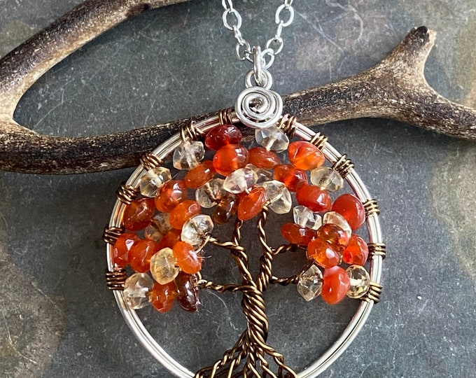 Carnelian Necklace, Carnelian Tree of Life Necklace, Citrine Necklace, Citrine Tree of Life Jewelry, Autumn Necklace, November Birthstone