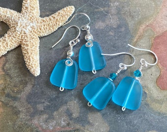 SeaGlass Earrings,Beach Glass Earrings in STERLING SILVER, Turquoise Blue Sea Glass Earrings,Beach Weddings, Beach Glass Jewelry,