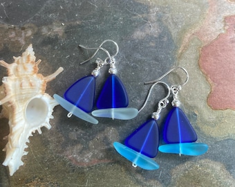 STERLING SILVER Sailboat Sea Glass Earrings, Cobalt Blue Sea Glass Earrings, Blue Sea Glass Earrings, Beach Weddings,, Sea glass