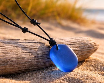 Blue Cultured Sea Glass Leather Choker, Adjustable Coastal Surfer Necklace