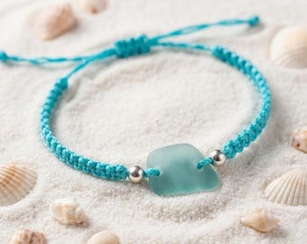 Aqua Sea Glass Macrame Bracelet, Coastal Accessory, Beach Glass Adjustable Jewelry