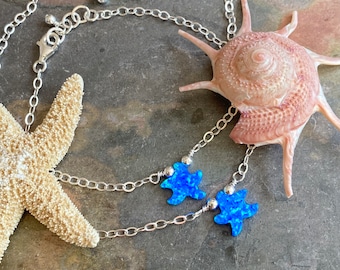 Starfish Opal Bead Bracelet, Blue Starfish Opal Anklet, Minimalist Opal bracelet in Sterling Silver, Gifts for Her, Beachy Ocean Bracelet,