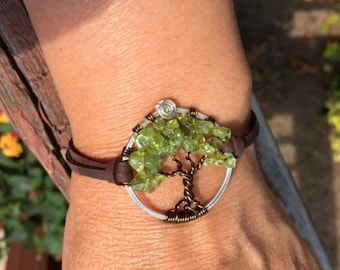 Tree of Life Bracelet in Leather,Peridot Tree of Life Bracelet- Peridot Leather Bracelet, August Birthstone Tree of Life Bracelet